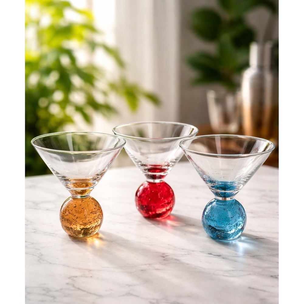 Martini Cocktail Liqueur Glasses Hand Blown Ball Stem Bubbles 3 Red Blue Amber